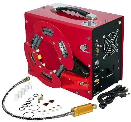 Compressore d'aria PCP 4640Psi, convertitore integrato/filtro acqua-olio, arresto automatico, senza olio/acqua, design portatile unico con bobina verticale, alimentato da auto 12 V CC o casa