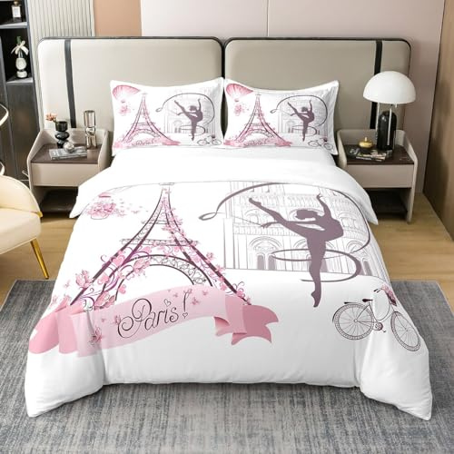 Homewish Coton, Housse de Couette Paris 140x200, Parure de Lit Gymnastique pour Filles Femmes, Ensemble de Literie Tour Eiffel Rose, Housse Couette Thème Romantique pour Saint-Valentin