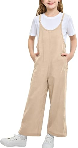 Rolanko Girls Jumpsuit Adjustable Spaghetti Strap Loose Overalls Rompers, Cotton Baggy Plain Playsuits with Pockets for Age 5-12 Years, Khaki, Size: 11-12 Years, 160