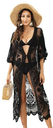 Leisoft crochet kimono cardigan bikini täcka upp, sommar lös lång boho bikini täcka upp, lätta kvinnor strandkläder, strandklänningar, Kärlekssvart, one size