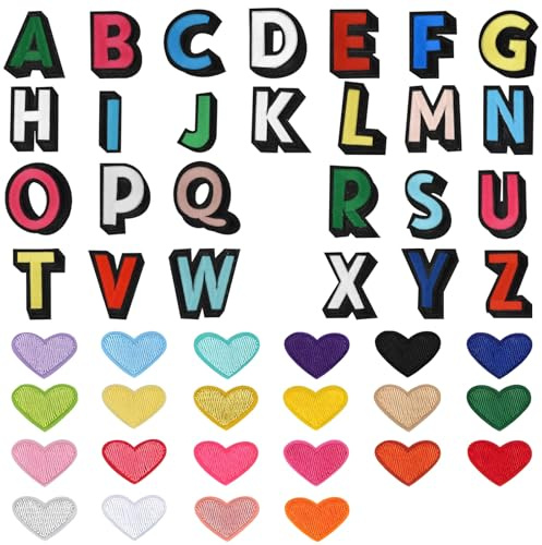 74 Pcs Buchstaben auf Patches nähen, Buchstaben Patches Applique gesticktes Gewebe, Buchstaben Herzform Patches Bunte Näh Bulk für Kleidung Jeans Hüte Taschen,Applique Embroidered Patches