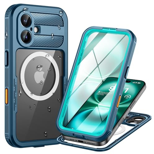 Lanhiem för iPhone 16 Plus fodral vattentätt, mobiltelefonfodral iPhone 16 Plus vattentätt skyddsfodral med magsafe, 360 utomhus fodral stötsäkert dammsäkert pansarfodral med,Blå
