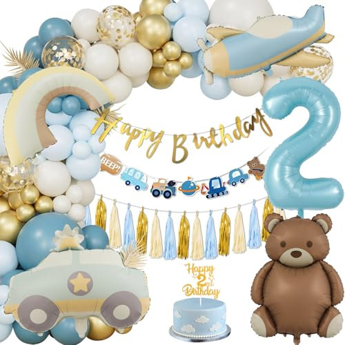 Decoración Cumpleaños Niño 2 Años, Globos Azul Oro, Oso Infantil, Kit Fiesta, Coche Foil Globos