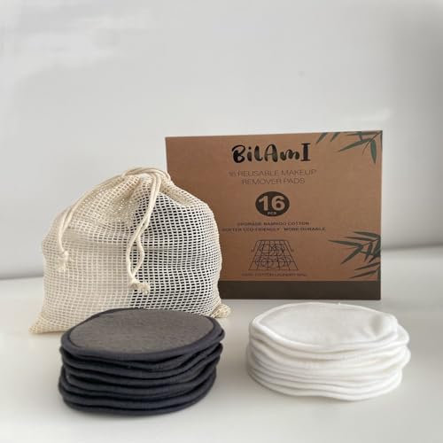 16 pcs Cotons Démaquillant Lavable,Tampons Démaquillants fibre de bambou,Réutilisable Tampons Démaquillants,Démaquillant Tampons pour Tout Type de Peau,Gris et Blanc