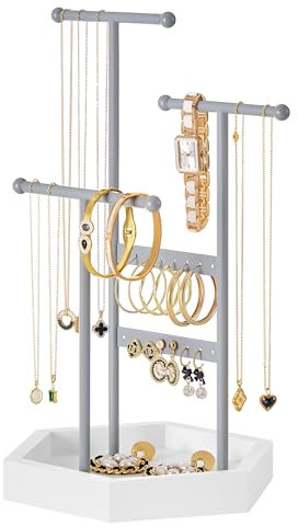 SONGMICS Jewellery Stand, Jewellery Organiser, 3 Tiers and 1 Tray, Jewellery Display Stand with Metal Frame, Earring Bracelet Necklace Holder, for Rings, Dove Grey and Cloud White JJS003G01