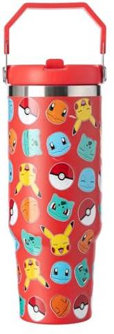 Pokemon Bouteille d'eau de voyage en acier inoxydable à double paroi - Bouteille d'eau isotherme anti-fuite avec poignée de transport - Garde les boissons chaudes et froides