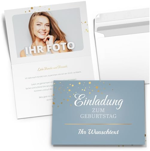 10 personalisierte Einladungskarten zum Geburtstag – Klappkarten Set mit Umschlag – Individuelle Einladung Wunschtext und Foto Geburtstags-Feier 03