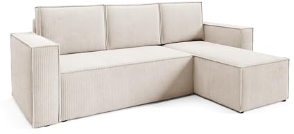 Sofello Corda Ecksofa Cord Schlaffunktion automatisch DL + Containersofa mit Bettzeug Boxsofa für Wohnzimmersofa Liegefläche: 204×144 cm (Poso 105 - Creme)