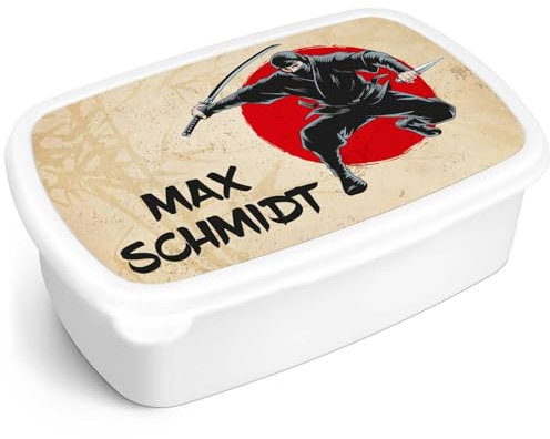 GRAVURZEILE Bedruckte Lunchbox - Ninja - Personalisiert mit Namen - Brotdose für Kinder - Individuell bedruckt mit Wunschmotiv - Platzsparend stapelbar - Perfekt für Schule & Kita - Farbe: Weiß