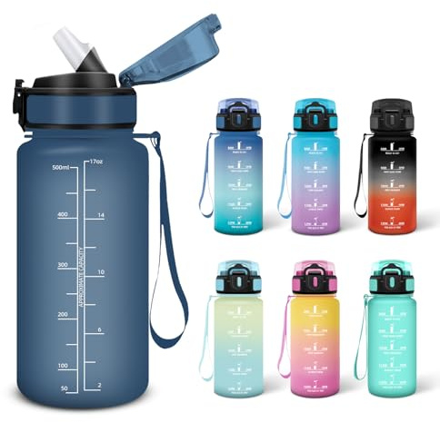 Motswedi Trinkflasche, 0.5L BPA-Frei, Trinkflasche mit Strohhalm, Kohlensäure Geeignet,Trinkflaschen Sport, Auslaufsicher, Wasserflasche, für Yoga, Gym, Schule, Outdoors, Dunkelblau
