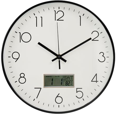 BAKBRAND Wall Clock with LCD Display Non-Ticking Silent Quartz Movement Decor Clock with Perpetual Calendar and Temperature Modern Style Round Wall Clocks for Office/Living Room/Bedroom(White, 12inch)