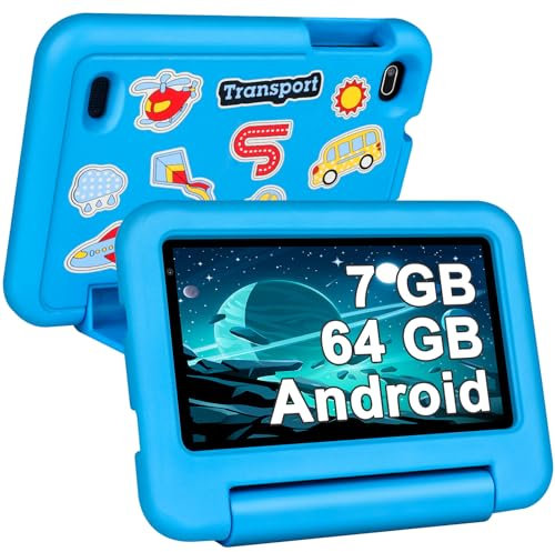 BIEGEDY Tablet Android,Tablet 7 Pulgadas 7GB RAM + 64GB ROM + TF 1TB,Control Parental | Educación Infantil + Juegos | Cámara Dual | Bluetooth 5.0 | 1024 * 600,Tbalet con Funda EVA Azul