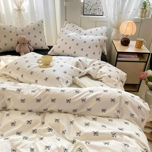 Covebett Bettwäsche 135x200 Weiß mit Schwarz Schleifen Aesthetic Bettbezug Set 2teilig Kawaii Schwarze Schleifenmuster Renforcé Microfaser Deckenbezug mit Reißverschluss und Kissenbezug 80x80cm