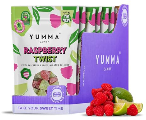 Yumma Candy - Raspberry Twist Pouch Bundle (7 x 138g) - Christmas Fizzy Raspberry & Lime Gummies - Vegan, Gluten Free, Palm Oil Free - Festive Tangy Chewy Candy Gift - 7 Resealable Bags