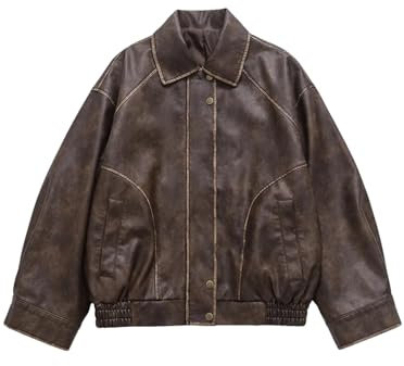 Giacca da motociclista da donna primaverile vintage allentata corta in ecopelle Streetwear femminile retrò cintura cerniera motociclista, Marrone, S