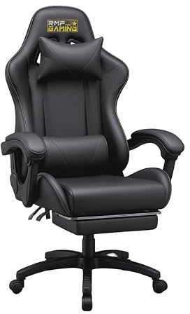RMF Sedia Gaming Professionale Ergonomica Reclinabile, Poltrona Gaming Seduta Comoda e Rilassante con Poggiapiedi - Sedia per Gamer con Ruote Girevoli, Altezza Regolabile Nero