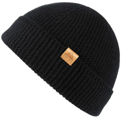 TOP-EX 100 % merinoull, fiskare-mössa, män och kvinnor, stretchig stickad mössa, varm vintermössa för utomhus, M-XXL, Stad svart, XL-XXL