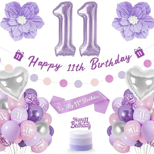 Palloncini Compleanno 11 Anni, Decorazioni Compleanno Bambina Viola Tra Cui Palloncini Foil Ondici, Striscioni, Tracolla, Topper Torta, Palloncini Per Compleanno 11 Anni | topper per torte, nastri, fascia, fiori viola, palloncino 11° Decorazione di compleanno