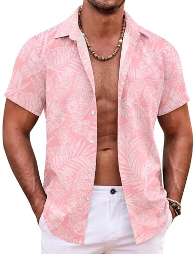 COOFANDY Camisa hawaiana para hombre, manga corta, verano, flores, botones, playa, vacaciones, fiesta, tiempo libre, Hojas rosadas, M