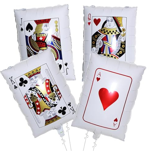 Ovanda 4 Stück Poker Deko Ballons, Pokerkarten JQKA Folienballons,Casino Deko,Las Vegas Partydeko,Casino Night Poker Ballon Set,Pokers Thema Geburtstagsparty,Casinos Thema Pokers Ballons,Helium Ballon