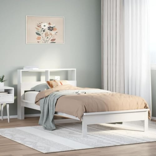 kithwjll Massivholzbett mit Regal, Weiß, Kiefer Massivholz Rahmen, 100x200 cm Bettgestell, mit Bücherregal Kopfteil, Stabil & Platzsparend, Einzelbett ohne Matratze für Schlafzimmer