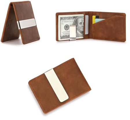 RisePlus Money Clip Wallet for Men – Slim RFID Blocking Card Holder with Stainless Steel Cash Clamp, Minimalist Front Pocket PU Leather Men's Wallet, Gift for Him