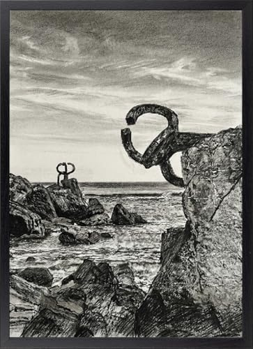 Fine Artic Cuadro del Peine del Viento estilolápiz - Poster San Sebastián Eduardo Chillida con Marco de madera Negro - Arte mural de Dibujo a Lápiz decoración de Oficina Elegante - Cuadros de Ciudad