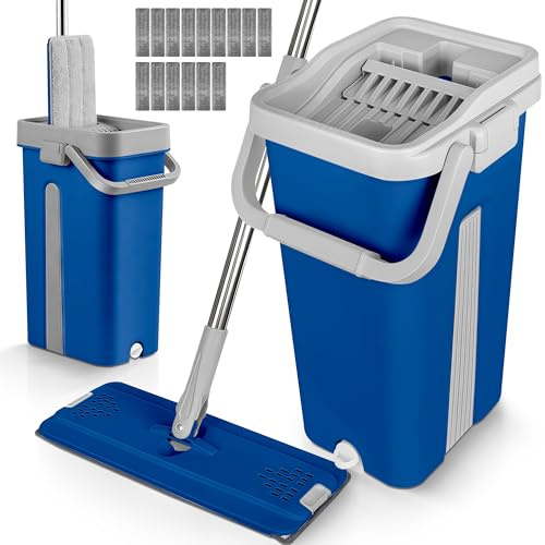 JUPPLIES Mopa Fregona con Cubo Escurridor Doble Compartimento 7,5 L – Sistema Giratorio con Mango Telescópico y Recambios de Microfibra para Suelos, Paredes y Azulejos (Azul, 15 Recambios)