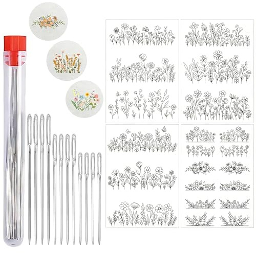 Stickset mit 4 Stickvorlagen Wasserlöslich und 12 Sticknadeln, Für anfänger | Sticken für Anfänger, Selbstklebende Stickvorlage, Stick Vorlagen Wasserlöslich für Kleidung Deko DIY Nähen Handarbeit.