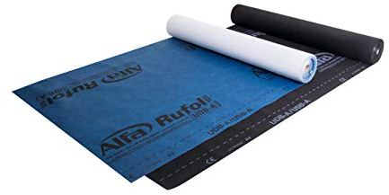 Alfa 75 m² diffusionsoffene Unterspannbahn, Unterdeckbahn in schwarz, 165 g/m² UDB-A mit Selbstklebestreifen (1,5 x 50m)