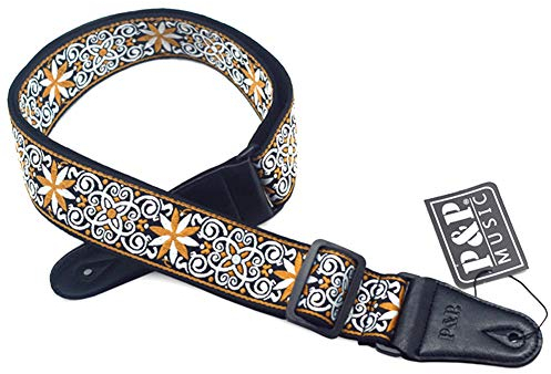 Amorar Retro Gitarrengurt Bass Gurt Baumwolle Leder Tragegurt Gitarrenband Stickerei Gitarrengurthalter für Akustik E-Gitarre Bass Ukulele Westerngitarre-Verstellbar Länge von 87 bis 140cm