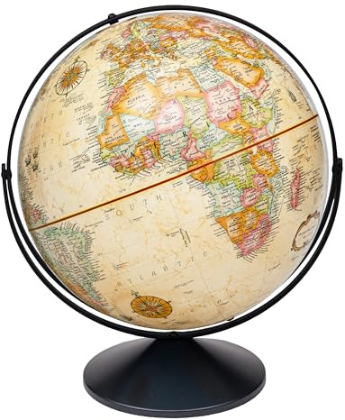 Replogle Eureka 16 inch desktop globe with up to date antique raised relief map and full swing gyromatic assembly. The beautiful antique ocean product has vast amounts of up-to-date information will pique the interest of any geographical connoisseur of all ages. This sturdy globe features over 4000 place names and political boundaries.