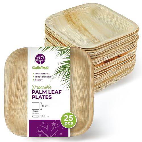GoBeTree Platos Desechables de Hoja de Palma 25 Platos Cuadrados de 15 cm. Vajilla para barbacoas, picnic y Fiesta de cumpleaños, Similar al bambú, más fuerte que platos de papel