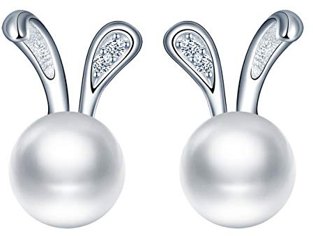 MicLee Damen Perlen Ohrringe 925 Sterling Silber Kleine Kaninchen Perlen Ohrstecker Hasenohren Ohrschmuck mit Geschenkbeutel