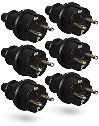 HEITECH - Spina di contatto in gomma con protezione antitorsione, 6 connettori di protezione per contatto, 250 V, 16 A, IP20 per interni, con spina Schuko in gomma completa