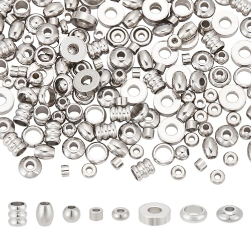 UNICRAFTALE 8 Formen, lose Perlen, 160 Stück, Abstandshalter, Edelstahl, lose Perlen, Metall-Abstandshalter, glatte Oberfläche, Perlen für DIY-Armbänder, Halsketten, Schmuckherstellung, Loch 1–3 mm