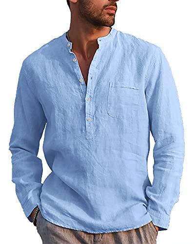 LVCBL Men's Linen Shirt Long Sleeve Casual Shirts Regular Light Blue M