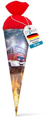 itenga Schultüte 70cm groß rund Feuerwehr Einschulung Schulanfang - Zuckertüte für Jungen mit Feuerwehrauto