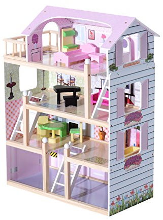 HOMCOM Casa delle Bambole per bambini 3+ Anni in Legno di Pino e MDF a 4 Piani con 13 Accessori, Rosa, 60x30x80 cm
