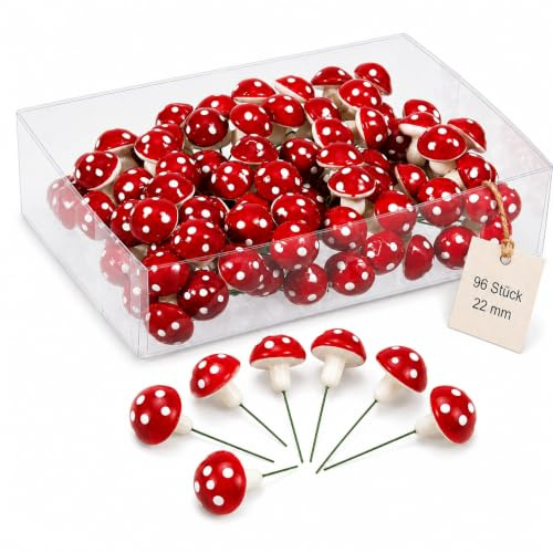 Set Mini-Pilze Fliegenpilze am Draht, Weihnachtsdeko Herbstdeko Tischdeko DIY Basteln Feengarten Blumentöpfe Bonsai Dekoration Glücksbringer, Rot-Weiß (22 mm, 96)