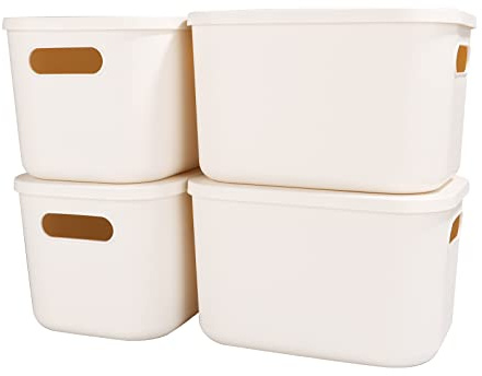YOUNTHYE 4PCS Plastic Storage Baskets, 25x18x15.6CM Plastic Storage Boxes with Lids and Handles, 6.5L Stackable Storage Boxes for Kitchen, Bathroom Shelves, Desktop