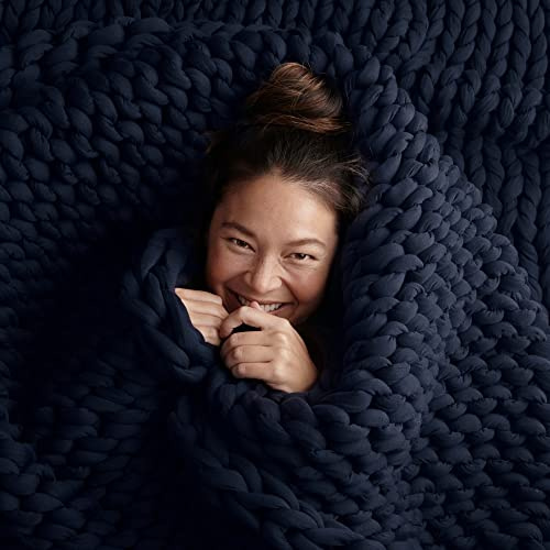 Bearaby Cotton Hand-Knit Weighted Blankets for Adults - Chunky Knit Blanket - Sustainable, Breathable, Organic, Cooling Weighted Blanket - Machine Washable (Midnight Blue, 10 lbs, 40x64)