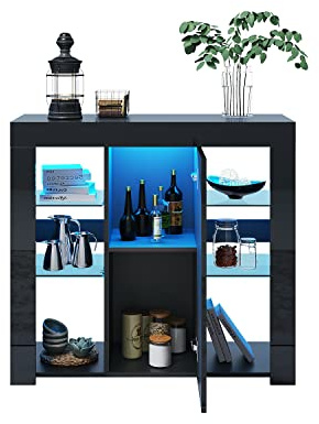 SONNI Kommode, Sideboard mit Tür, 6 Glasablagen, LED, 90x35x83cm, Schwarz | Küchenschrank, Aufbewahrungsschrank, Standschrank, 16 Farben RGB-Funktion mit 4 Grundfarben und 12 Verläufen für Wohnzimmer