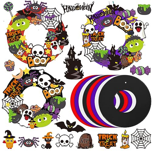AFYHH 8Stück Halloween Party Kranz Bastelsets für Kinder Halloween Wand- und Fensterdekoration Türdekore mit Aufklebern, Hexen, Kürbissen, Eulen, Fledermäusen und Spinnweben