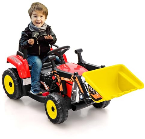 Maxmass Kids Ride on Bulldozer, 12V Battery Powered Ride on Excavator with Remote Control, Music, Horn, USB, Light, Light & Flexible Arm & Bucket, Toddler Construction Vehicle for Boys Girls (Red)