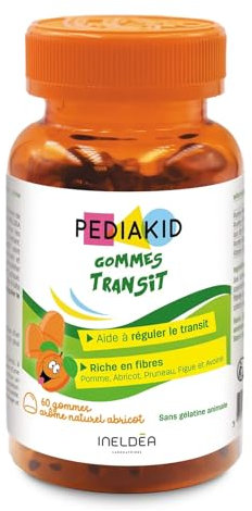 PEDIAKID - Gommes Transit - Complément alimentaire à base de fruits et d'Avoine - Riche en fibres - Aide à réguler le transit intestinal - Arôme naturel abricot - 60 gommes