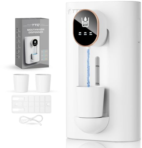 Automatic Mouthwash Dispenser for Bathroom,18.26Oz Wall Mounted Mouth Wash Dispenser with Magnetic Cups, 3 Dispensing Level, Smart Mouthwash Dispenser for Kids Adult, Bathroom Accessories White
