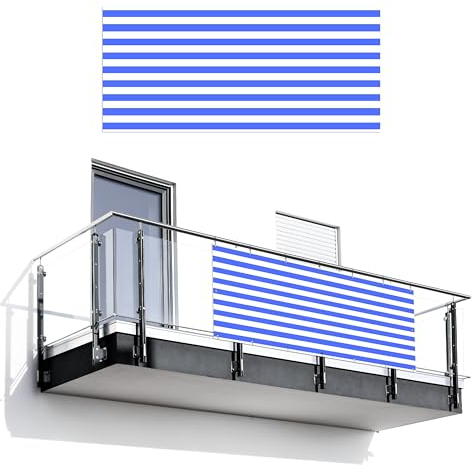 MuchoWow© Balkon Sichtschutz Einseitig 90x200 cm Groß PVC Terrassen Garten Windschutz ohne Bohren Wetterfest für Zaun Terrasse Sichtschutzmatte Outdoor Deko Muster - Streifen - Blau - Hell