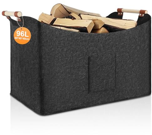 TOBWOLF 96L faltbarer Kaminholzkorb, Filztasche, 60 x 40 x 40 cm, XXL Holzkorb mit Tragegriffen, Filzkorb, extra dicker Filz und verstärkter Griff Aufbewahrungskorb für Einkäufe und Zeitungen