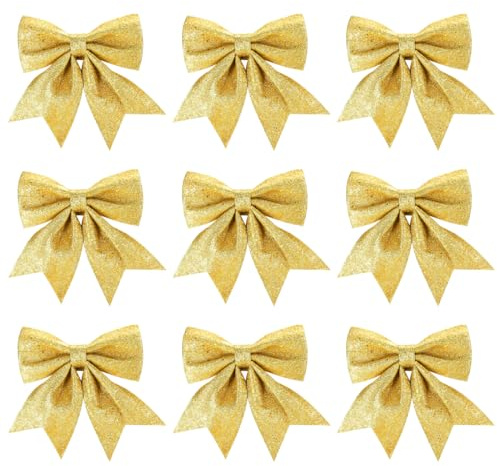 Sprinlot Schleifen Weihnachtsbaum Gold, 9pcs Schleife Weihnachten, Geschenkschleifen Weihnachten, Christmas Bows, Gold Weihnachtsschleifen Outdoor